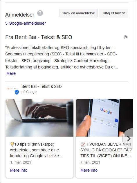 Eks. på visning i SERP af Google My Buiness opslag - Berit Bai