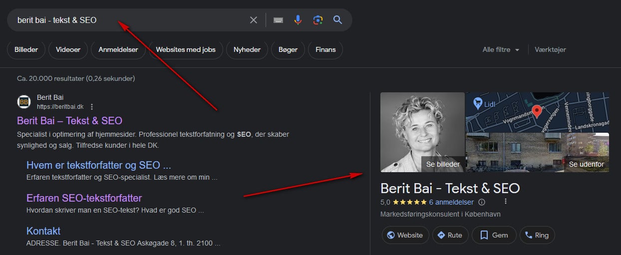 Screenshot af Google by business virksomhedsprofil SERP. Berit Bai