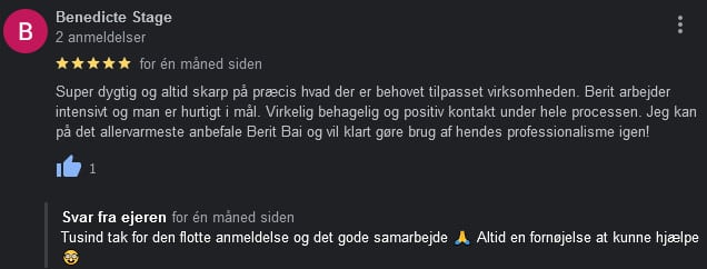 Eksempel på anmeldelse og svar på Virksomhedsprofil på Google. beritbai.dk