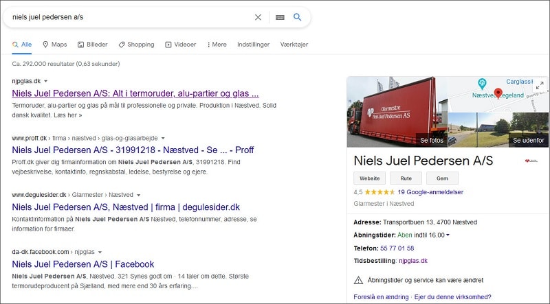 Eksempel på Google Virksomhedsprofil vist i søgning på Goolge. beritbai.dk