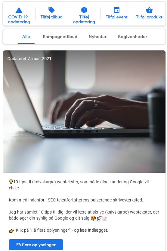 Eks. på opslag på Google My Business - Berit Bai