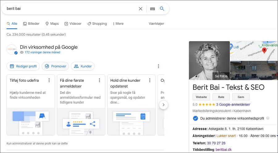 Screenshot med Google Virksomhedsprofil, der kan redigeres direkte i søgeresultatet. beritbai.dk