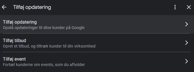 Screenshot af Opdatering på Google My Business.