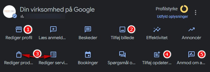 Screenshot guide med tal. Optimering af Google Virksomhedsprofil. Berit Bai