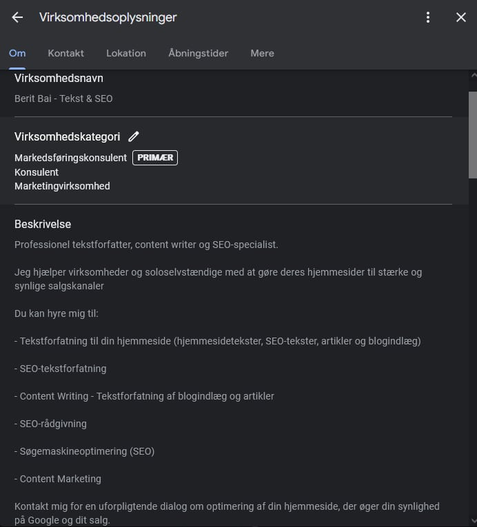Screenshot af virksomhedsoplysninger på Google My Business.