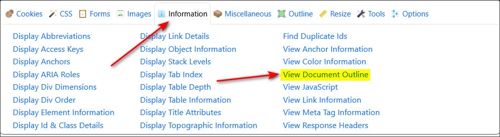 Outline med H-tags fra Web Developer. Berit Bai