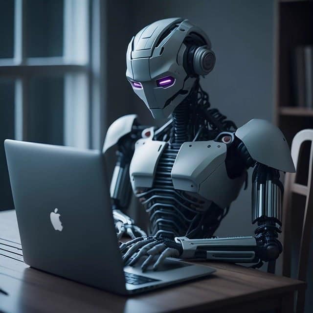 Ai-robot skriver på Mac. Professionel tekstforfatter vs AI - Berit Bai