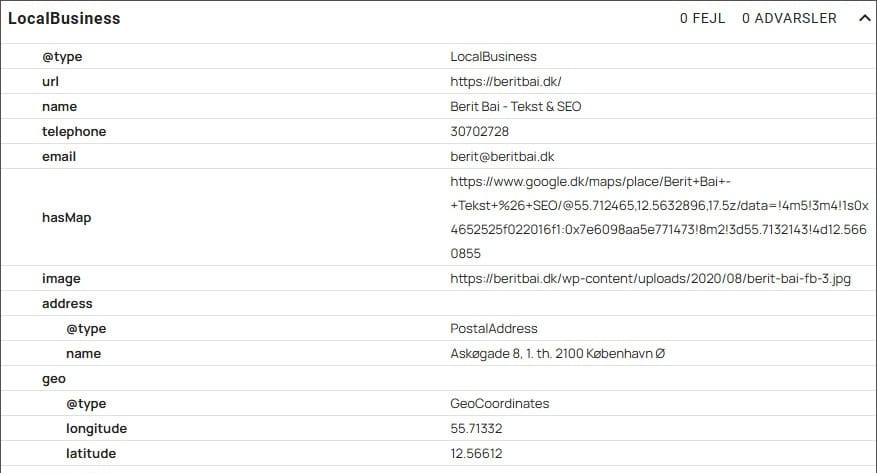 Eksempel på Struktureret data LocalBusiness schema.org. beritbai.dk