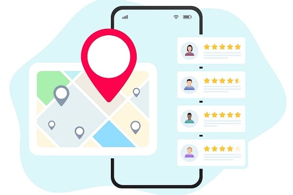 Lokal SEO illustreret med nål på kort og anmeldelser. beritbai.dk
