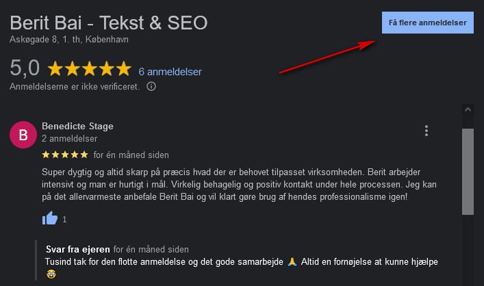 Eks. på anmeldelse og svar på Google.