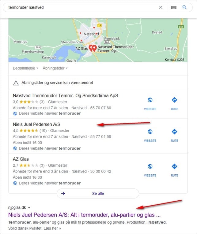 Eks. på lokal synlighed i Google opnået med local seo. beritbai.dk