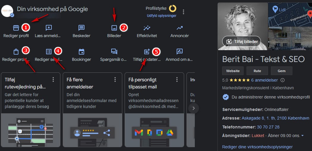 Screenshot af virksomhedsprofil på Google. Vigtig for lokal SEO.