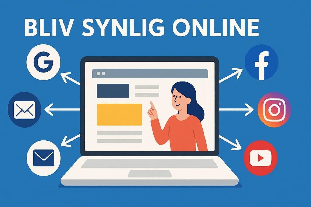 Bliv synlig online. Laptop med logoer på online platforme. beritbai.dk