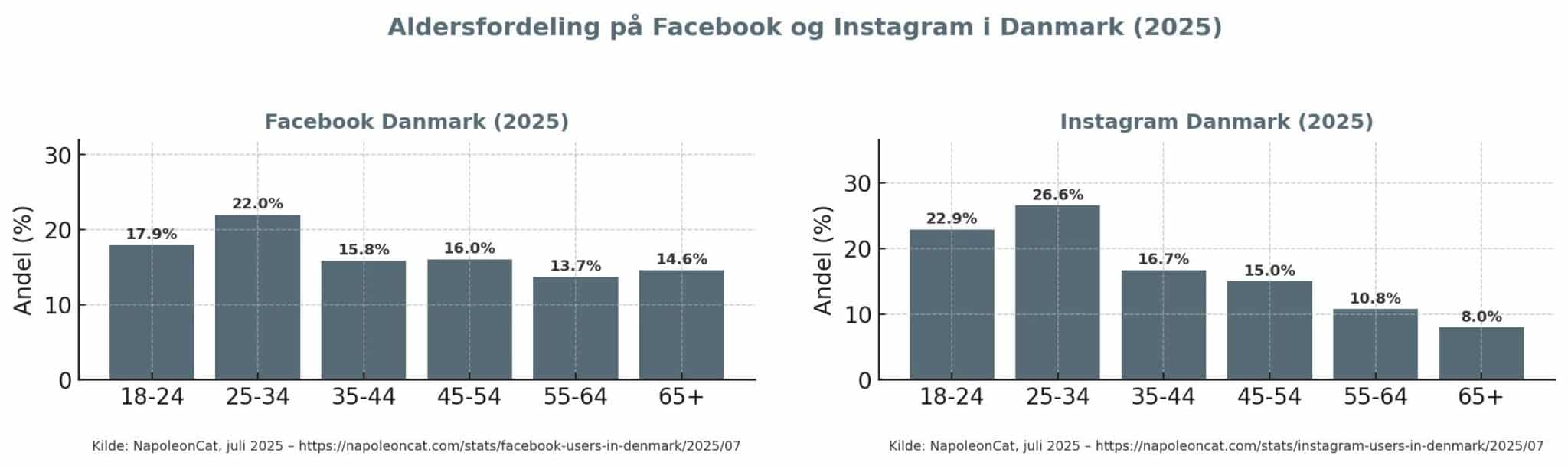 Grafer med aldersfordeling for brugere på FB og insta. Berit Bai