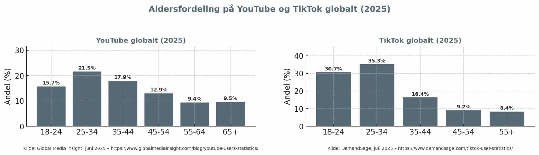 Grafer aldersfordeling YouTube og TikTok. Relevant for synlighed online. beritbai.dk