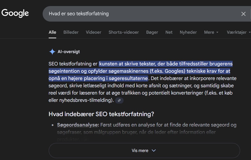 Screenshot af et AI-overview i Google.