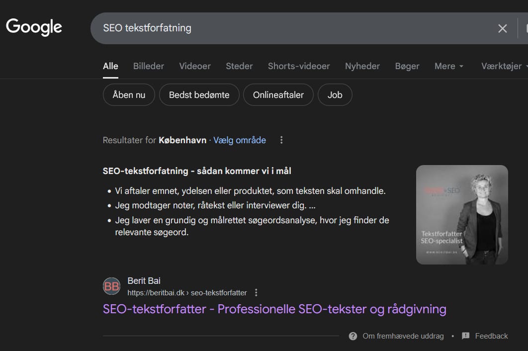 Eksempel på feature snippet - fremhævet uddrag i Google.